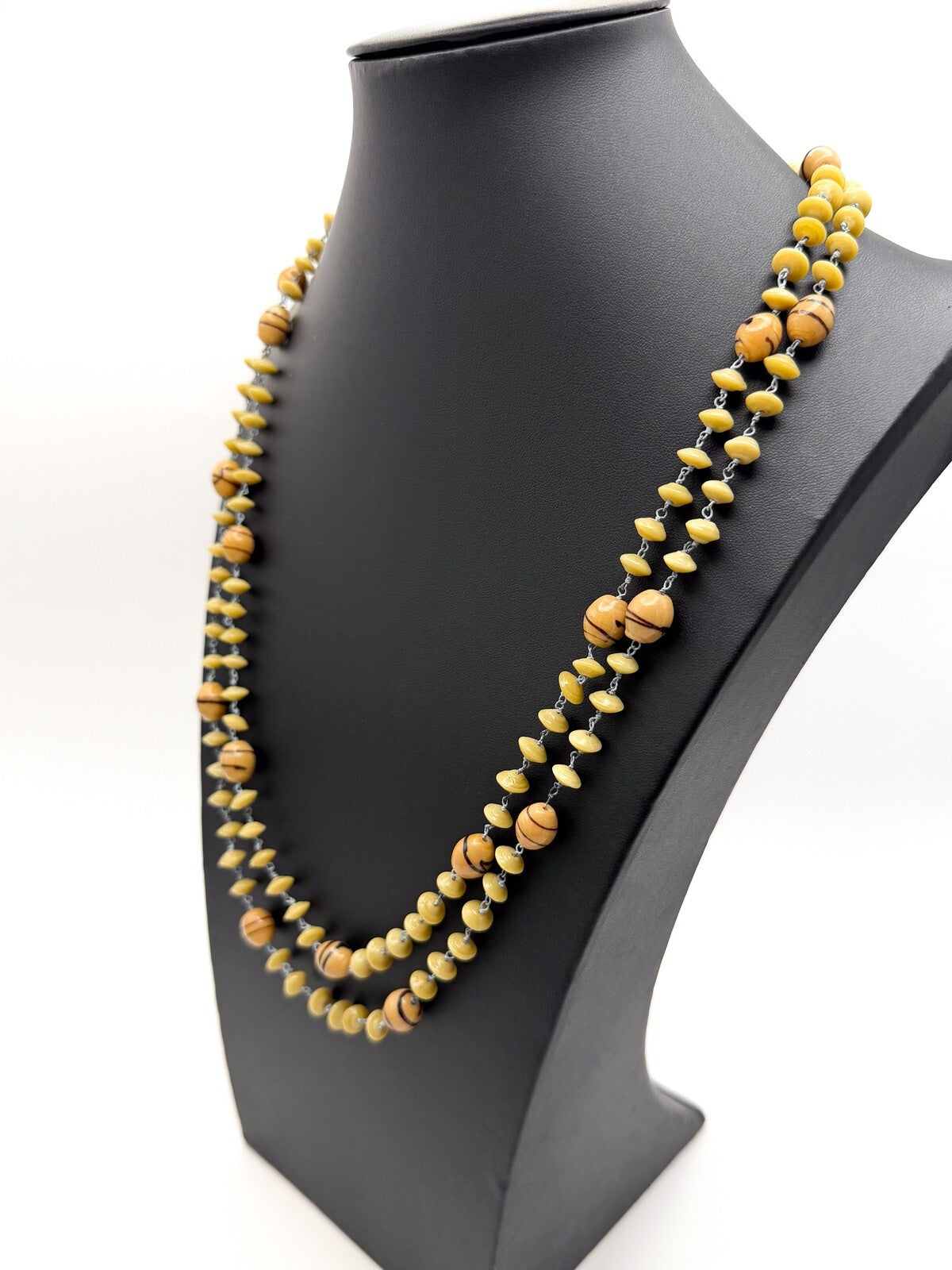 Vintage Venetian Style Glass Bead Necklace Mustard & Olive Disc  Barrel Detail