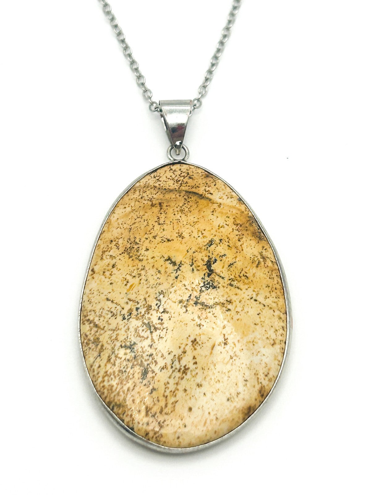 Picture Jasper Teardrop Pendant Necklace – Silver Tone 24" - Boho Gemstone Brown
