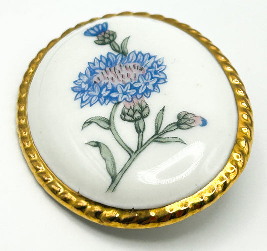 Aynsley Bone China Brooch Blue Floral Oval Gold Tone Vintage Pin