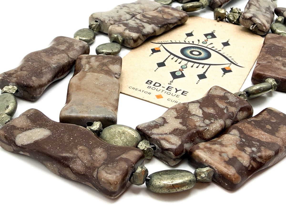 Chunky Carved Jasper Necklace Semi Precious Pyrite & Hematite - Gemstone Boho