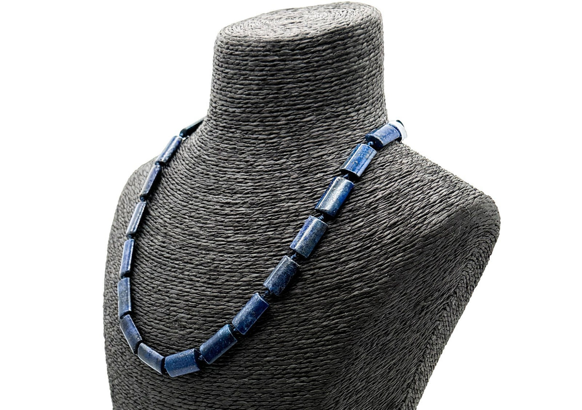 Lapis Lazuli Rectangular Bead Necklace Hand Knotted Blue Stone 19” Gemstone
