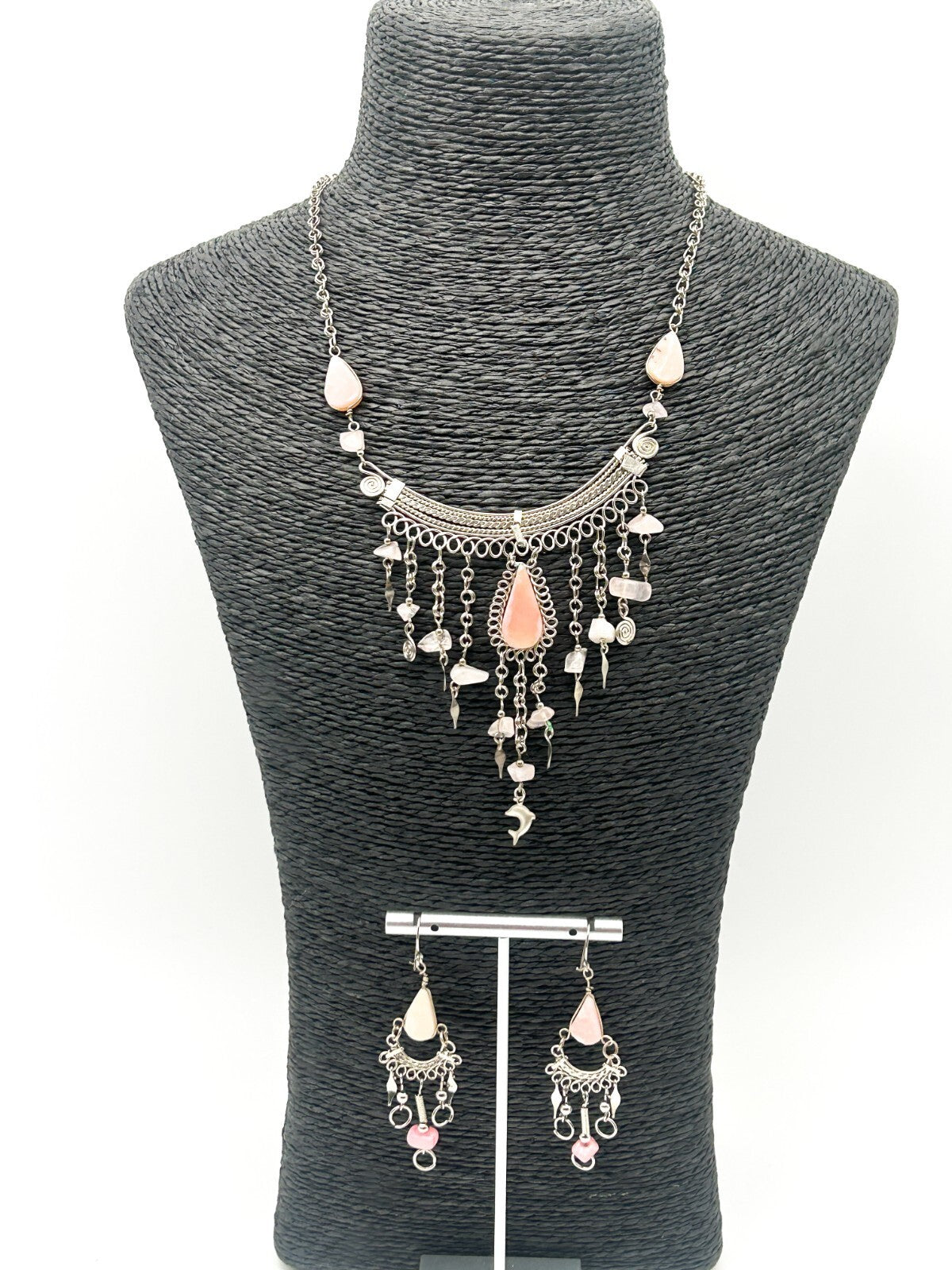 Peruvian Alpaca Pale Pink Rhodonite Rose Quartz Necklace & Earring Set Boho