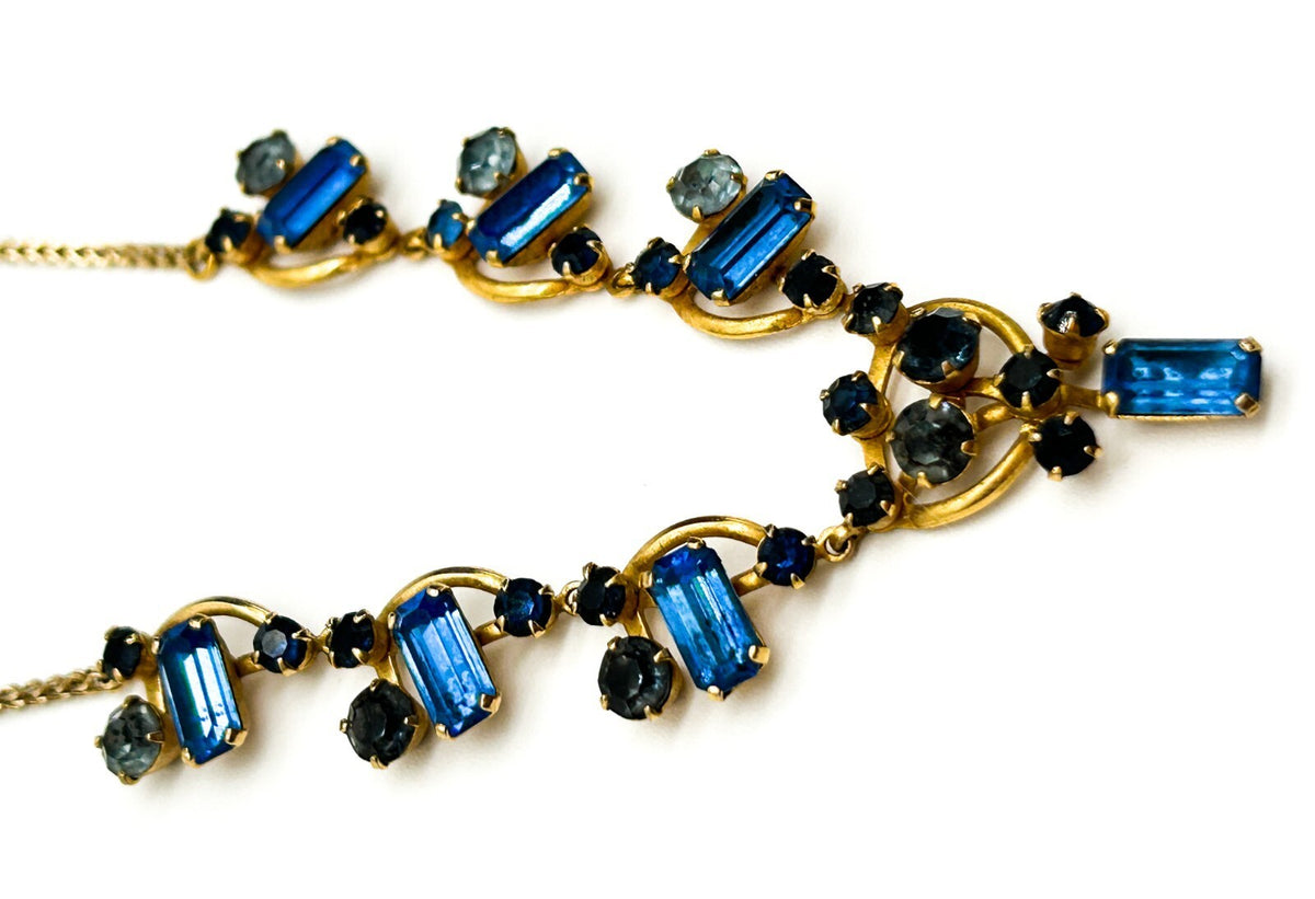 Vintage Blue Rhinestone Necklace Gold Tone Baguette Crystal Statement 1930s-50s