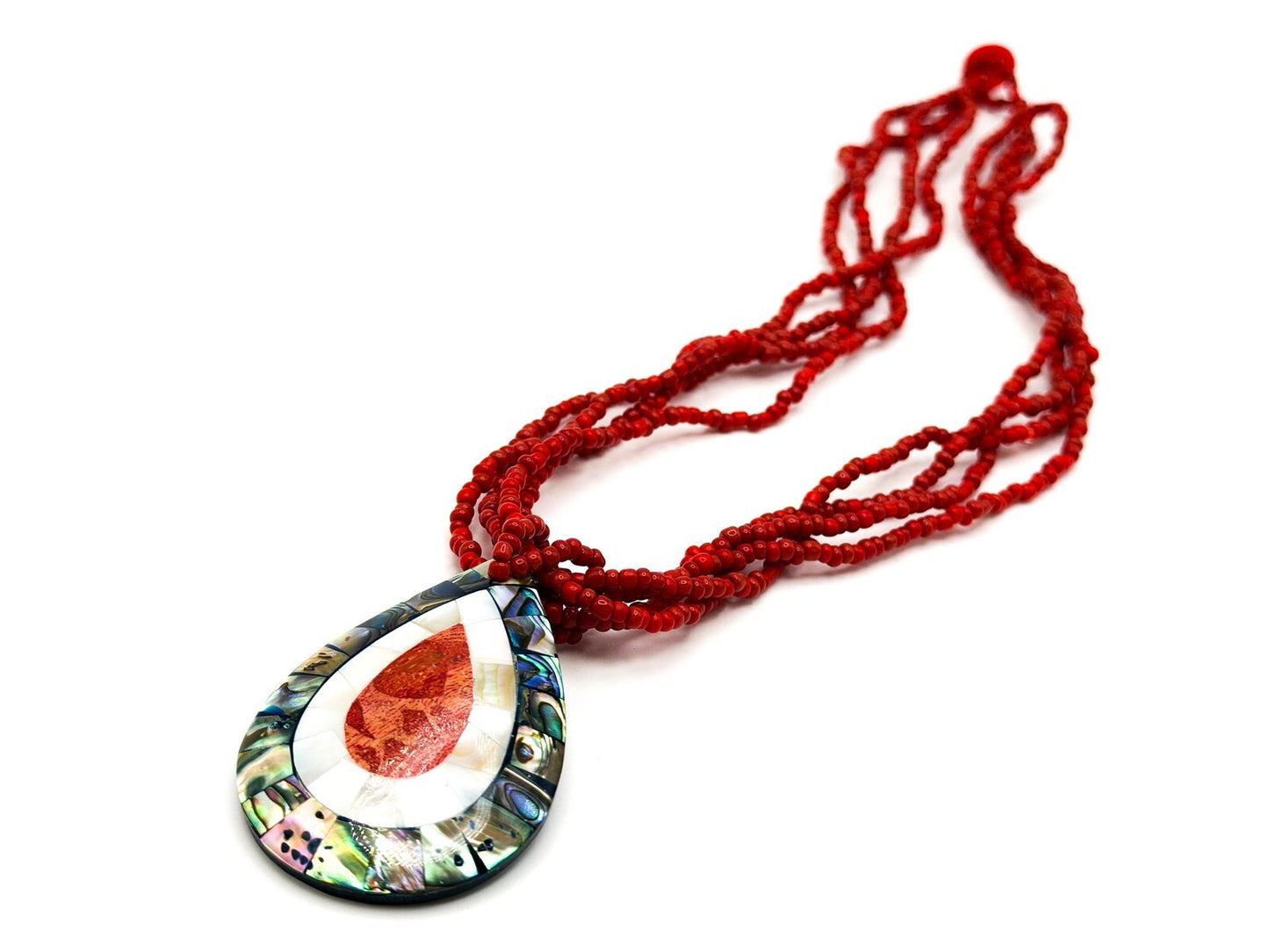 Twisted Red Seed Bead Necklace with Abalone, Mother of Pearl & Coral Teardrop Pe