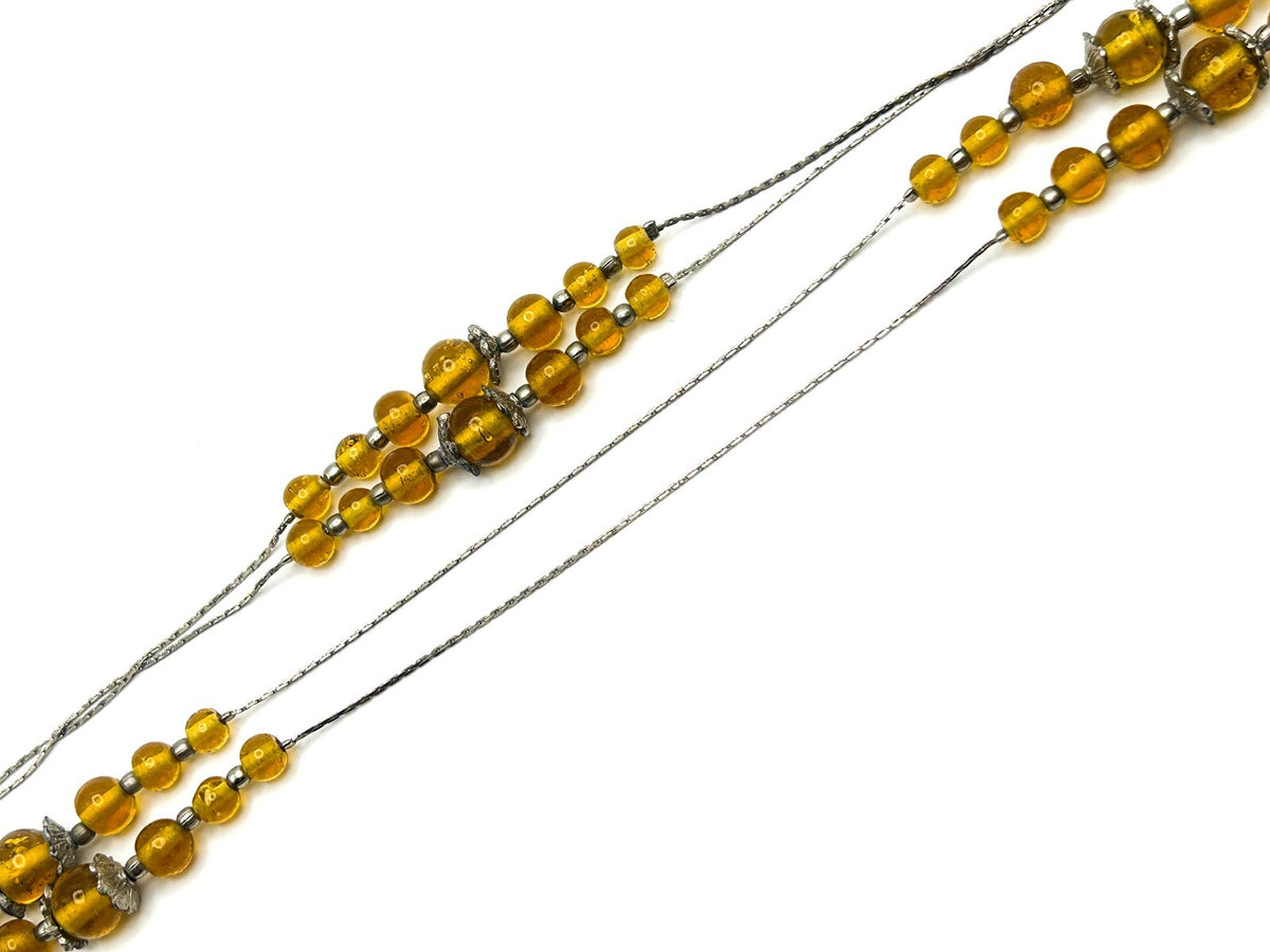 Vintage Graduated Long Amber Glass Bead Necklace on Silver-Tone Chain 70s Retro