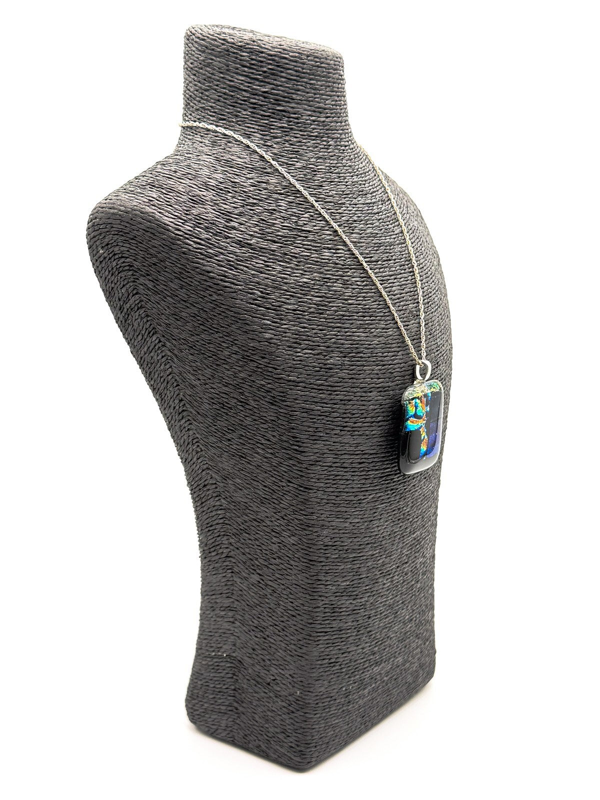 Dichroic Art Glass Pendant Necklace 925 Sterling Silver Chain Blue Iridescent