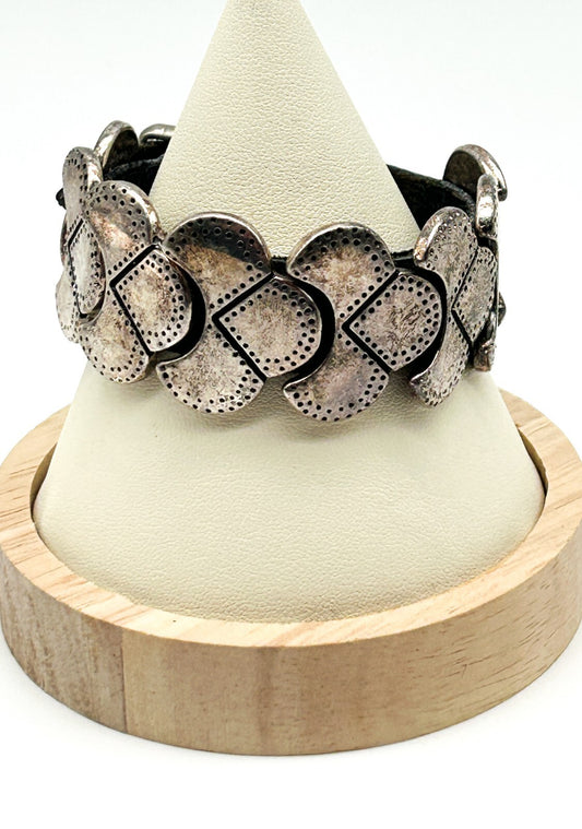 Industrial Silver Tone Cuff Bracelet Black Faux Leather Studded Strap Buckle
