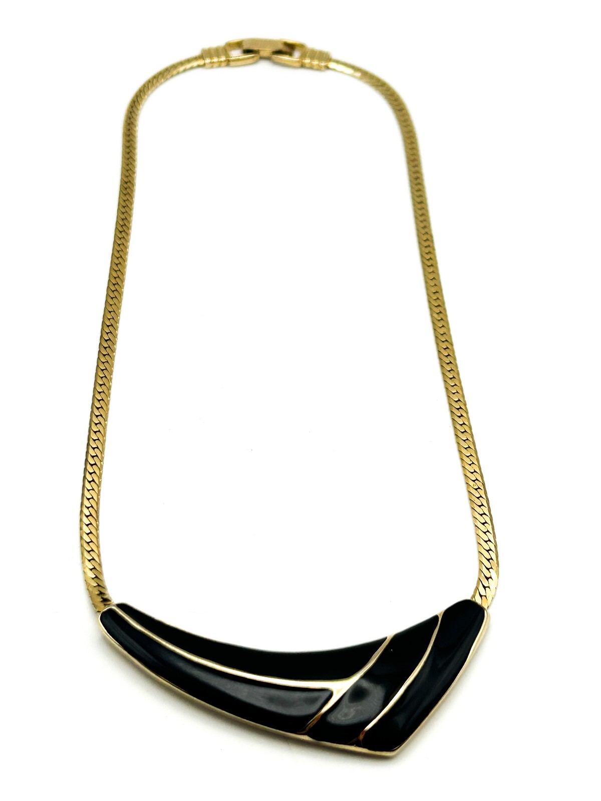 Vintage 80s Gold Tone Herringbone Necklace Black Enamel Curve Statement 17”