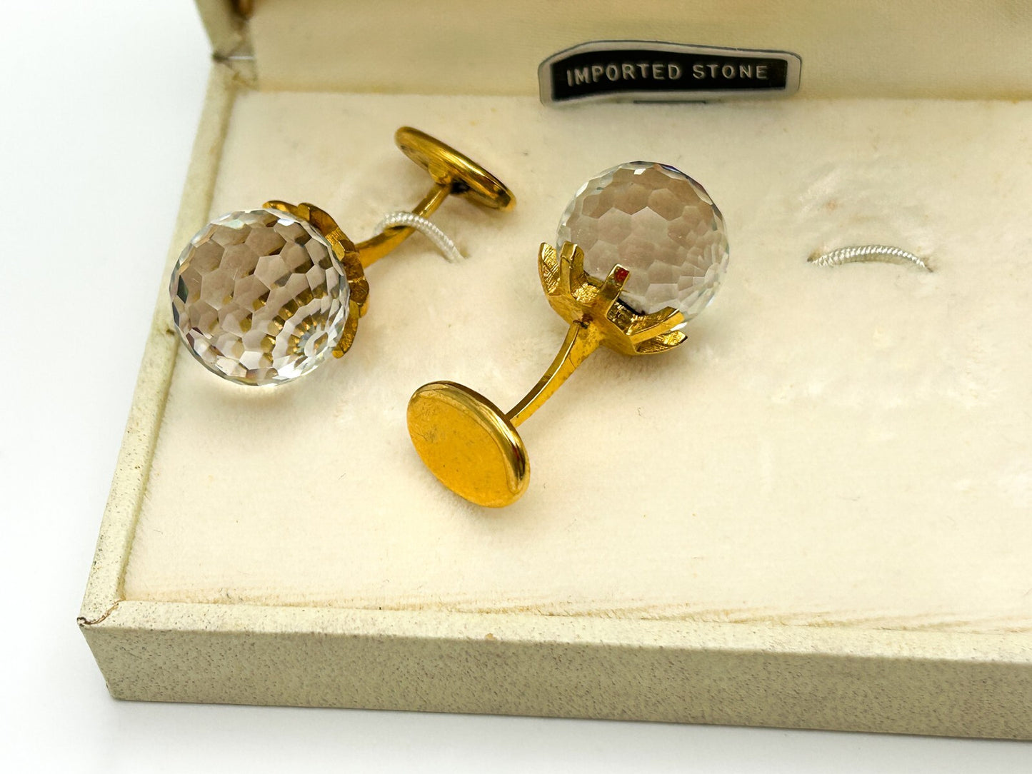 Don Loper Rock Crystal Cufflinks Gold Tone Iridescent Colour Shift Vintage Boxed
