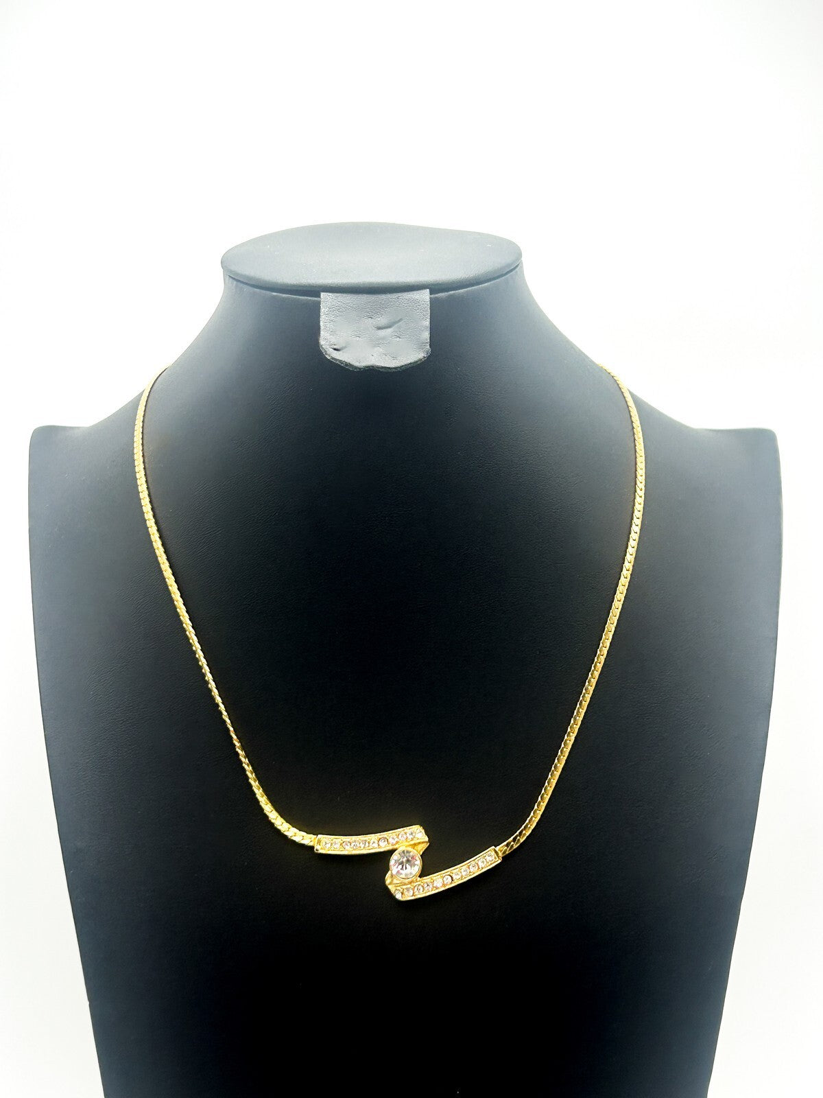 Vintage Gold Tone Zigzag Rhinestone Ribbon Swirl Necklace Dainty 80s