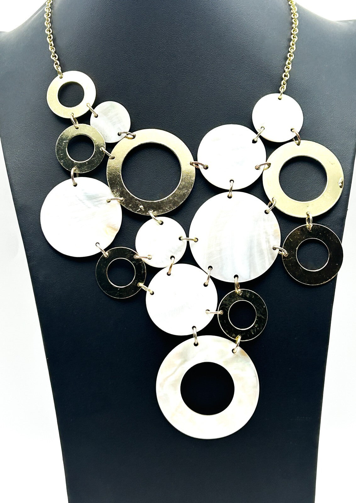 Y2K Gold Tone Statement Necklace Mother of Pearl Disc Hoop Bib Chunky 90s 2000s