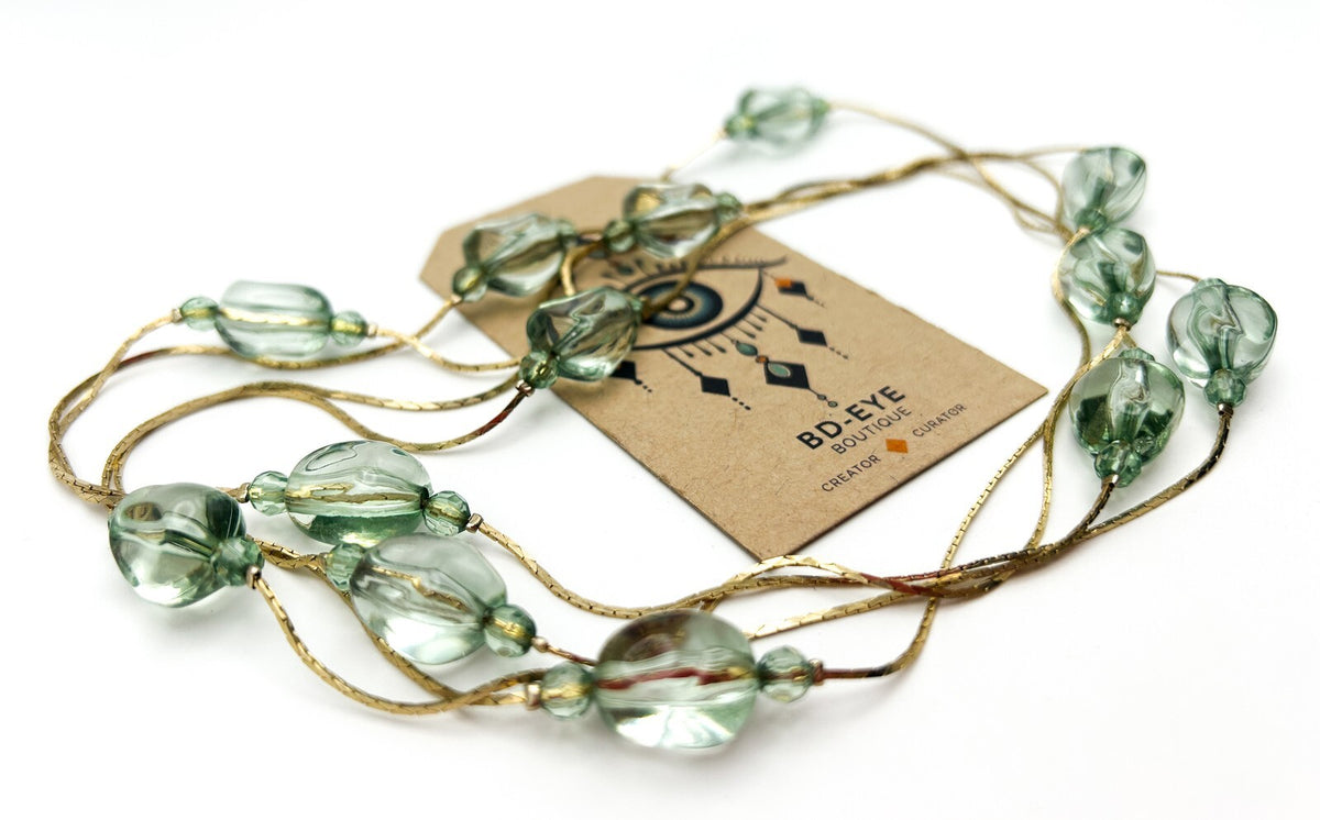 Long Pale Green Acrylic Bead Necklace Multi Strand Gold Tone Layered 34”