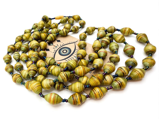 Vintage Multi-Strand Yellow & Green Beaded Necklace - Faux Rolled Paper Beads