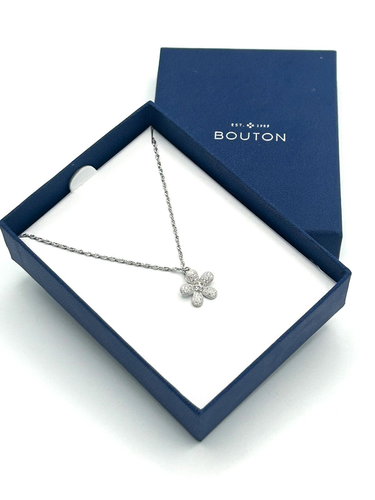 New Boxed BOUTON Rhodium-Plated Micro Pavé CZ Dainty Flower Pendant Necklace