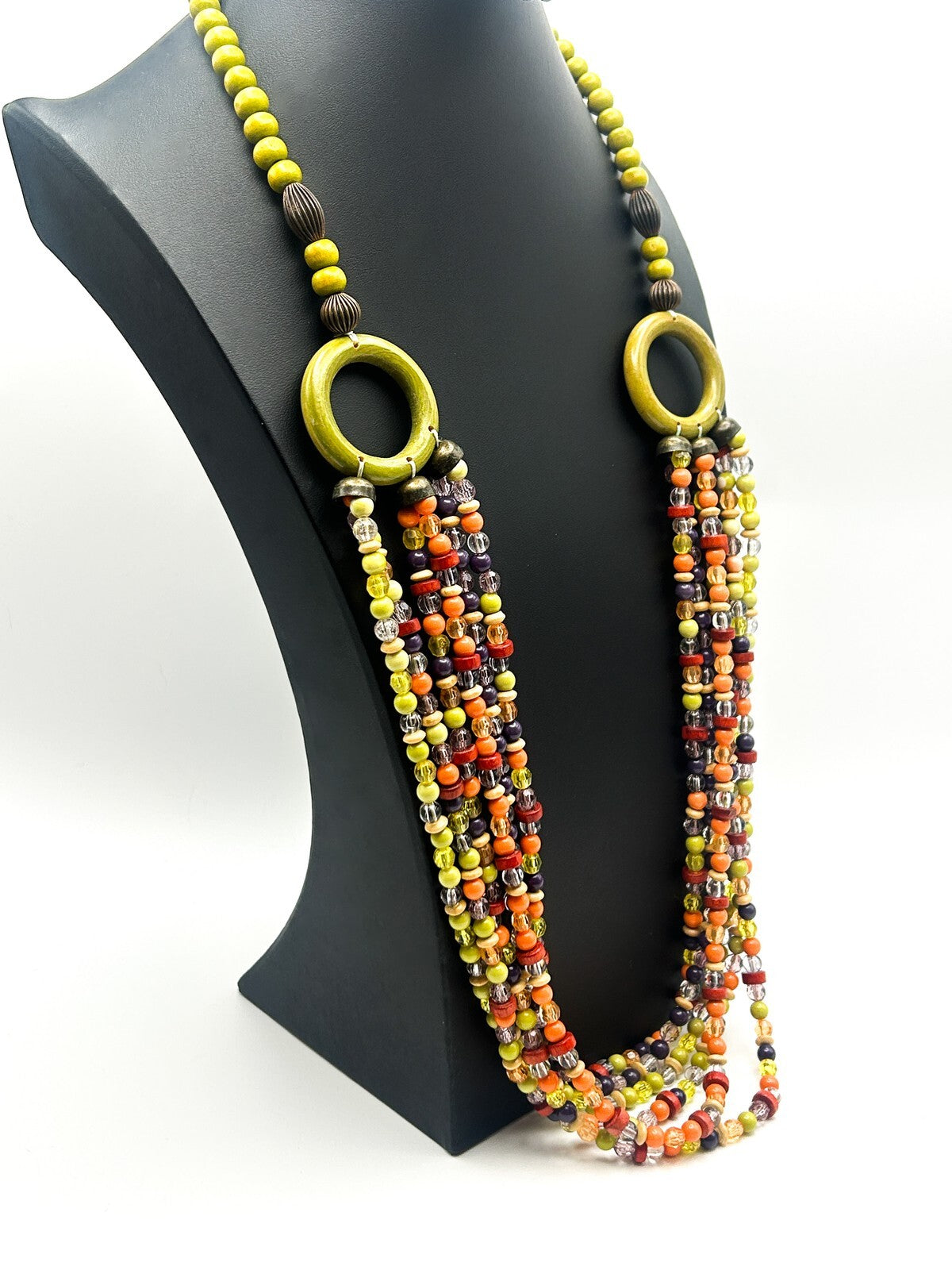 Vintage Multi-Strand Beaded Necklace with Green Hoop Connectors
