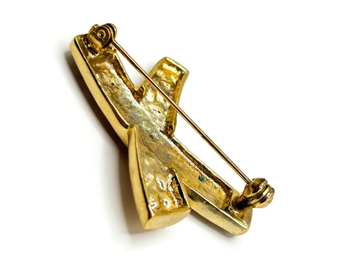 Vintage Gold Tone Rhinestone X Brooch Pavé Crossed Ribbon Statement Pin Retro