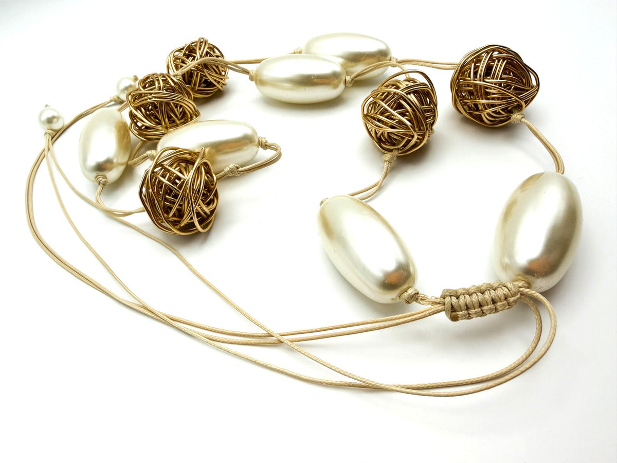 Chunky Oval Pearl & Gold Tone Hand-knotted Wire Wrapped Ball Adjustable Necklace