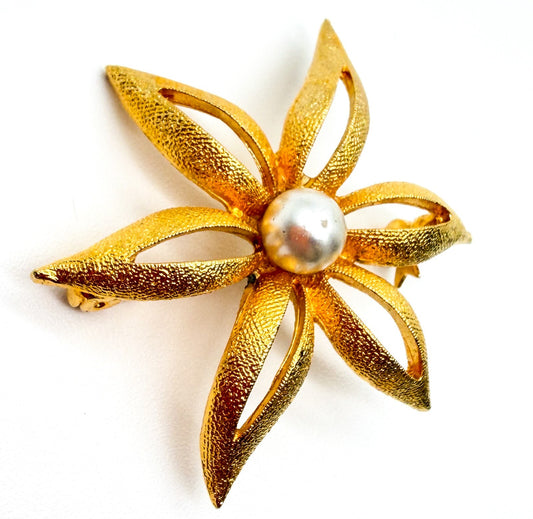 Vintage Sphinx Gold Tone Flower Brooch Faux Pearl Centre Textured Floral Pin