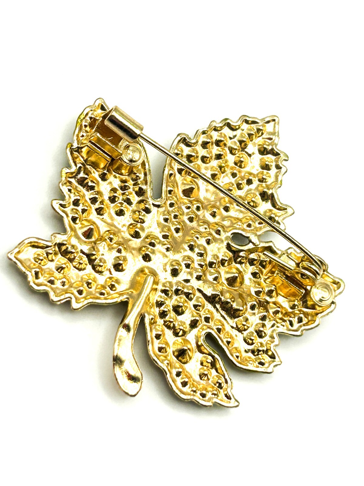 Vintage Maple Leaf Brooch Gold Tone Green Rhinestone Leaf Pin