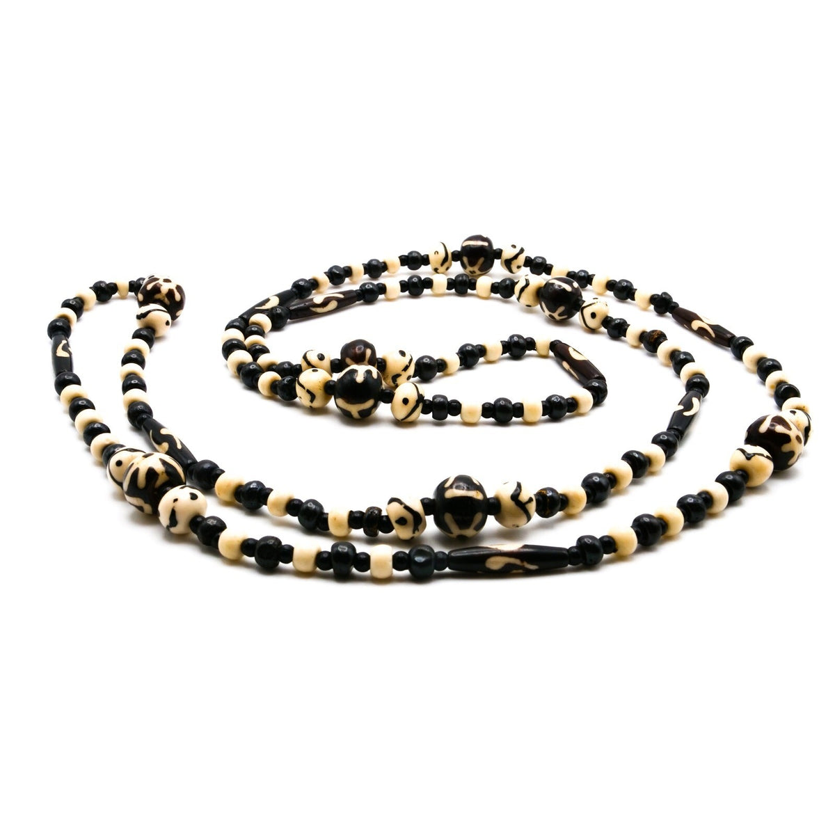 Carved Black, Brown & Cream Bead Necklace – Long Boho Tribal-Style Strand