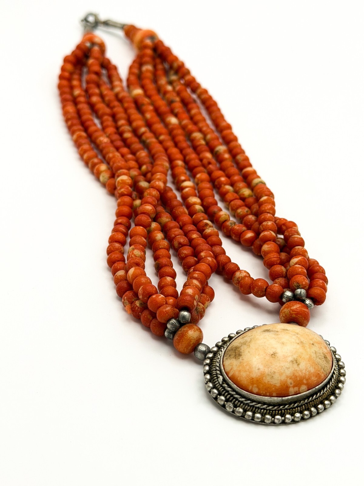 Multi Strand Red Coral Bead Necklace Ornate Oval Pendant 19 Inch Statement