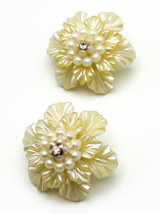 Vintage Lucite Flower Clip On Earrings Faux Pearl Rhinestone MCM Floral 50s 60s