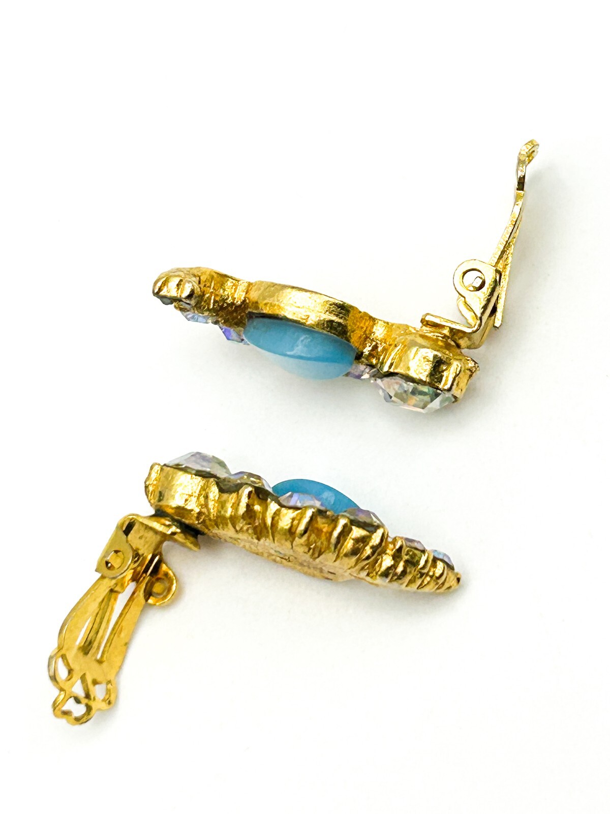 Vintage Blue Thermoset and Aurora Borealis Rhinestone Clip On Earrings