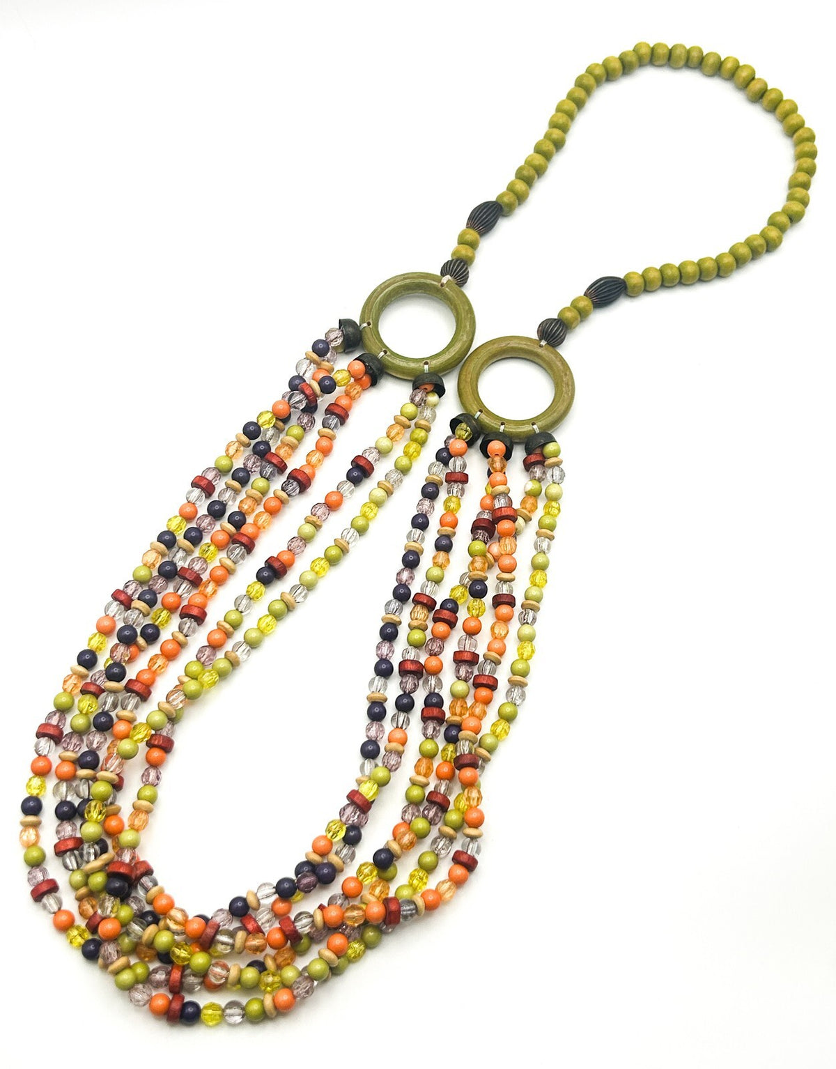Vintage Multi-Strand Beaded Necklace with Green Hoop Connectors