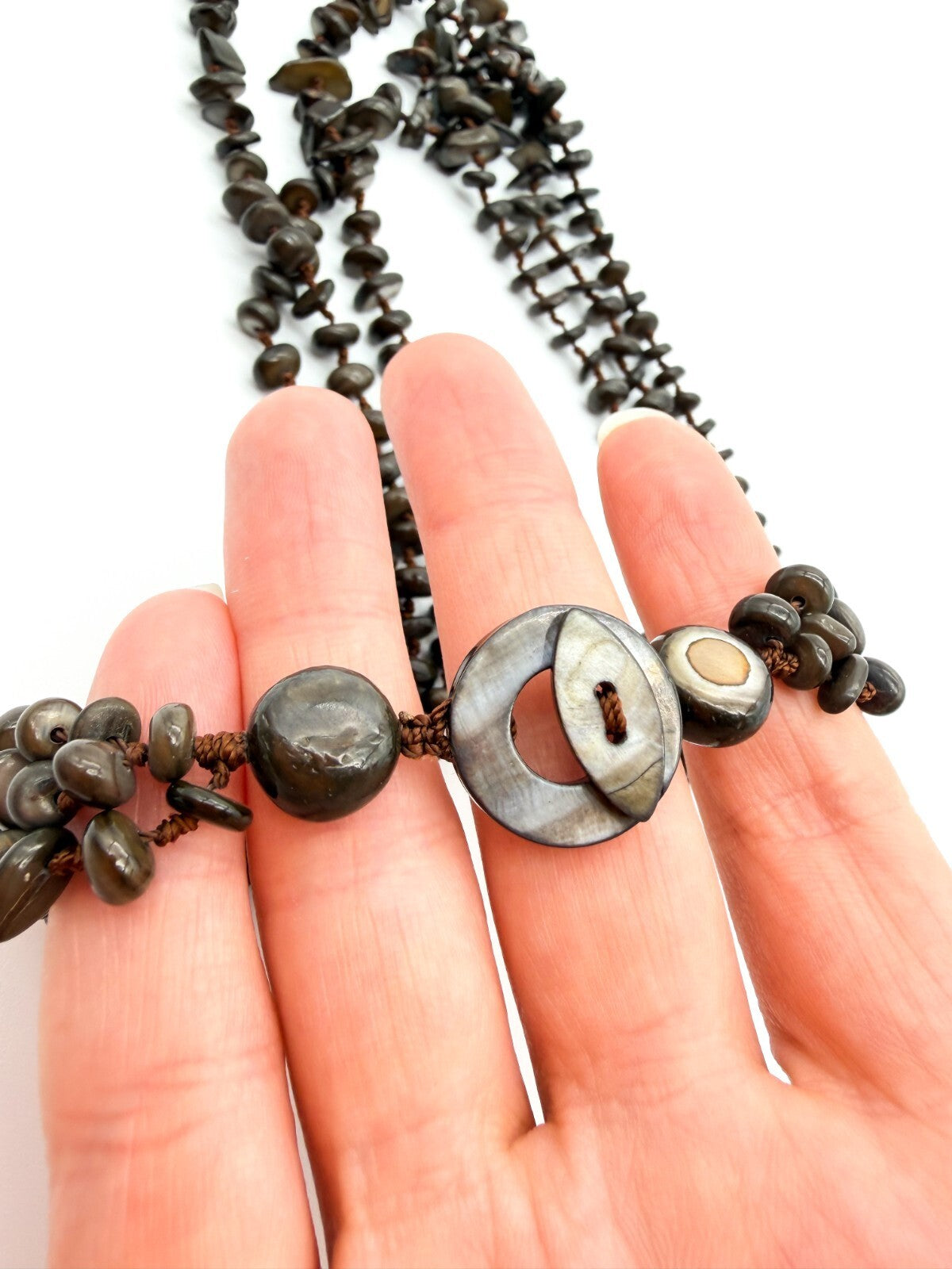 Hand Knotted Shell Chip Necklace Brown Layered Boho Necklace