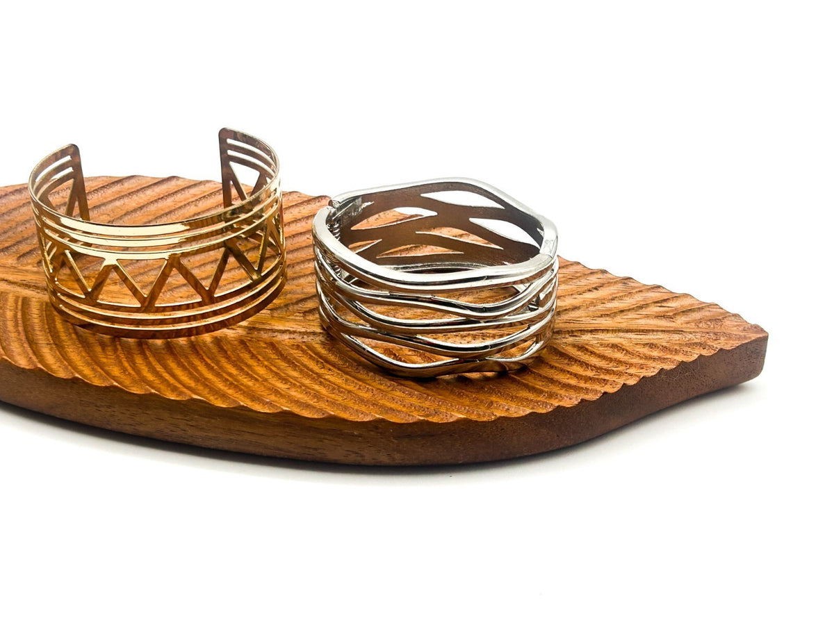 Modern Bangle Bundle Silver Tone Hinged Wavy Bangle Gold Tone Geometric Cuff