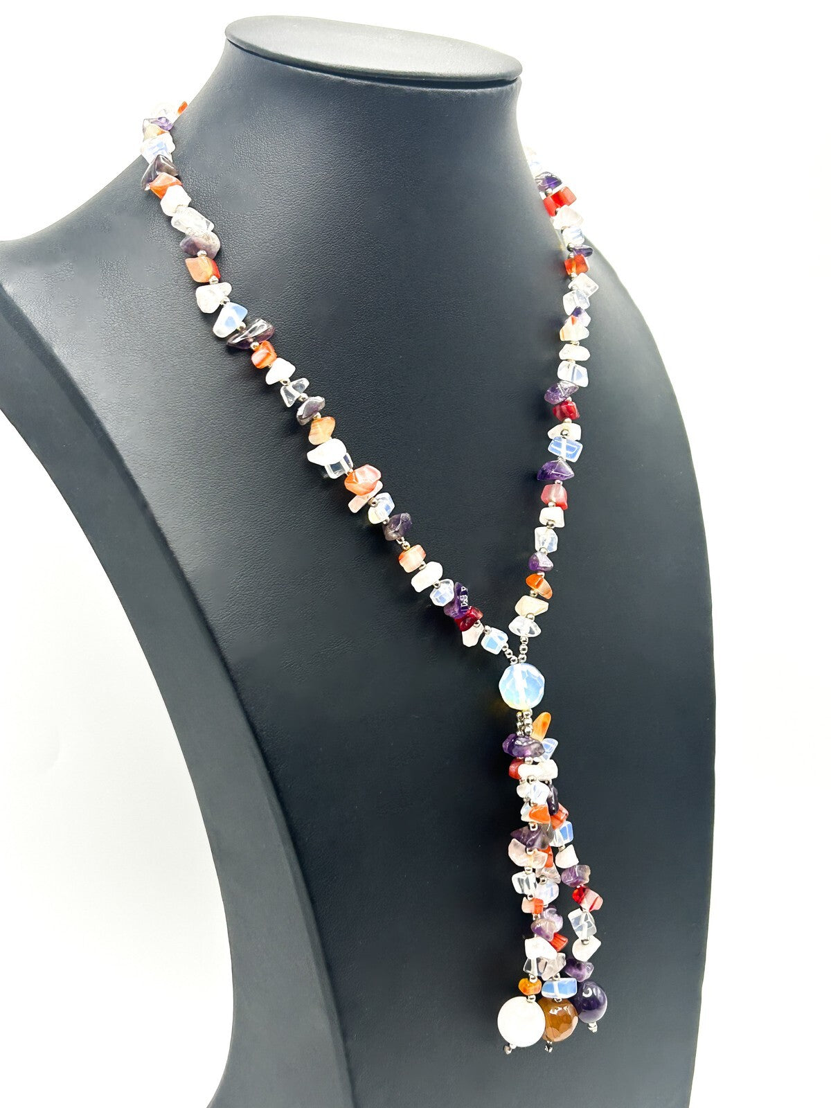 Gemstone Chip Necklace Tassel Drop Amethyst Carnelian Quartz Boho 18”