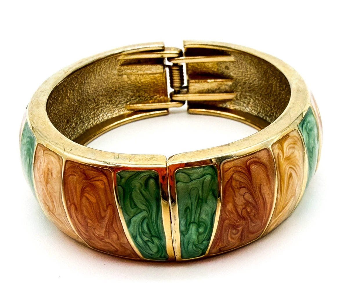 Y2K Enamel Stripe Hinged Bangle Bracelet in Green, Peach & Champagne Gold Tone