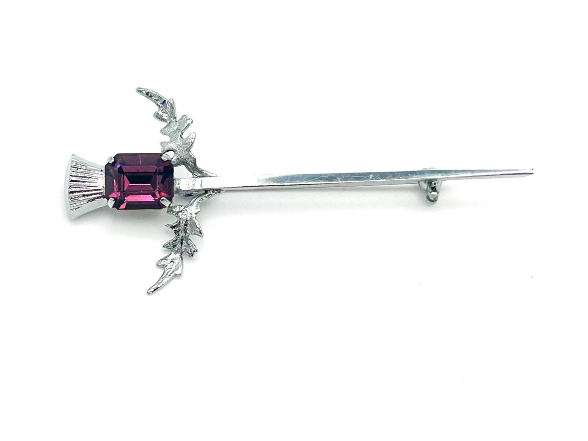 MIZPAH Scottish Thistle Brooch or Kilt Pin Silver Tone & Amethyst Tone Glass