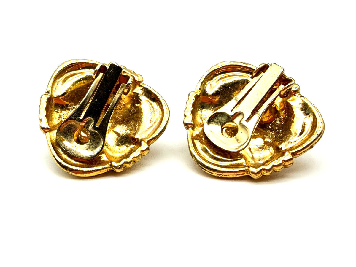 Vintage Gold Tone Faux Pearl Rhinestone Clip On Earrings Statement 1980s Retro