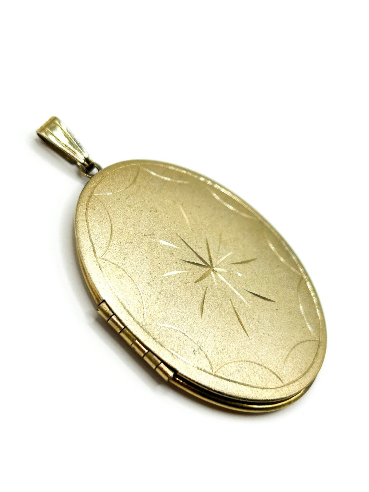 Vintage Gold Tone Oval Photo Locket Pendant Large Etched Starburst 6cm