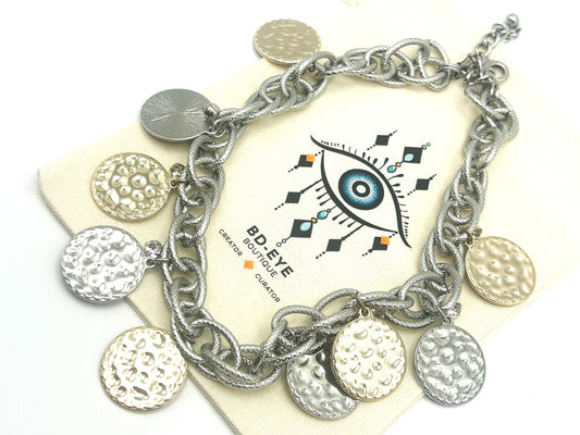 M&S Silver & Gold Tone Hammered Coin Charm Statement Necklace