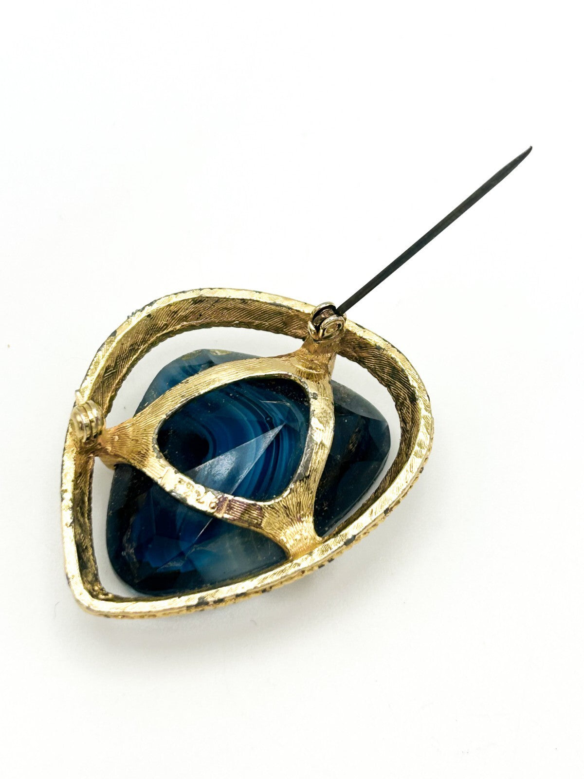 Vintage Blue Slag Glass Brooch with Gold Tone Rope Twist Frame