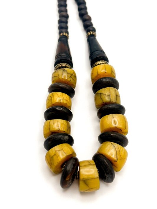 Vintage Dark Wood & Yellow Chunks Boho Necklace with Bronze Tone Accents