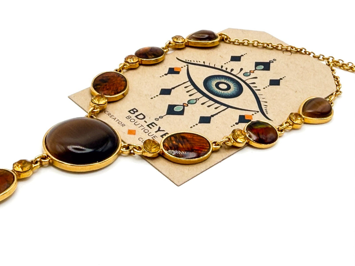 Gold Tone Y-Drop Necklace with Brown Cat’s Eye & Iridescent Orange Cabochons