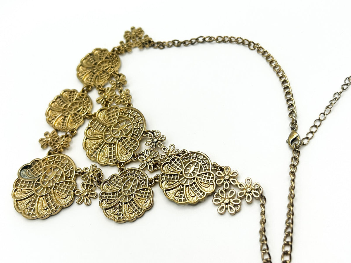 Gold Tone Filigree Bib Necklace Statement Articulated Panels Ornate Festival 17.