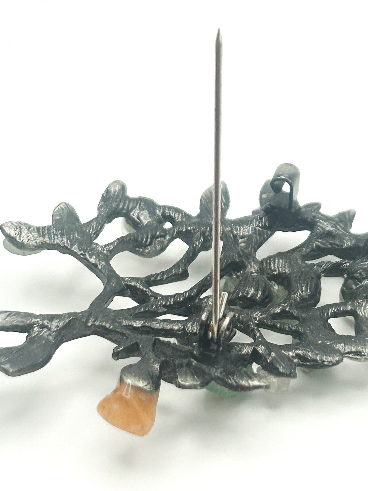 Pewter Leaf Tree Branch Gemstone Brooch - Aventurine, Faux pearl, Amethyst