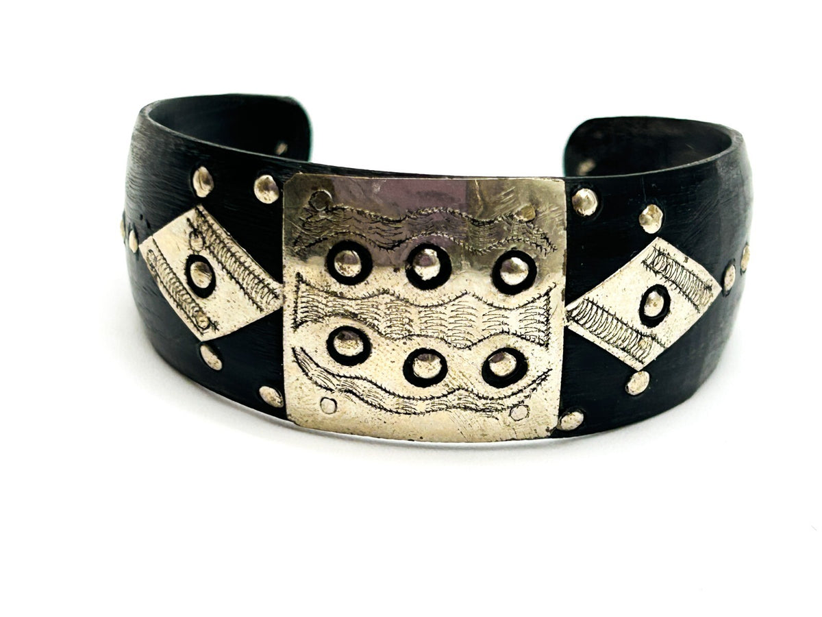 Vintage Tuareg Tribal Cuff Bracelet Organic Material & Silver Tone Etched Ethnic