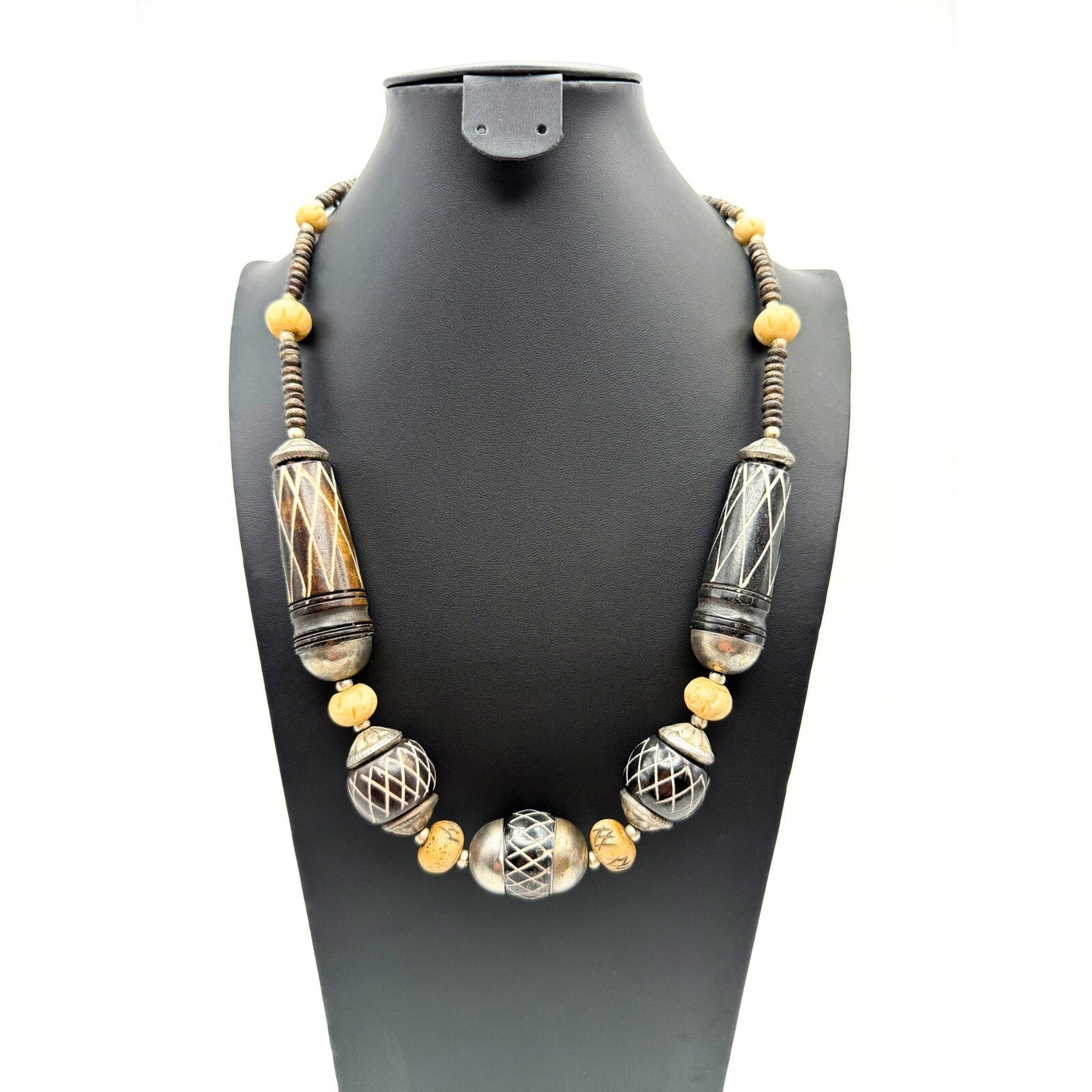 Vintage Carved Necklace Boho Organic Material Tribal Silver Bead Caps