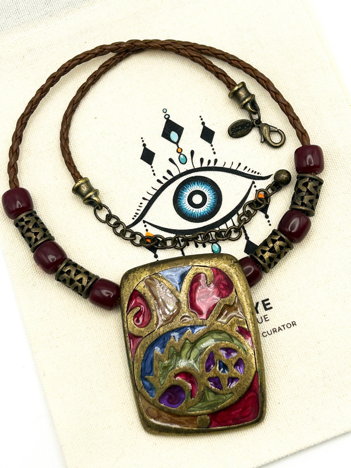 Chico’s Brass Tone Enamel Abstract Pendant Necklace on Braided Cord