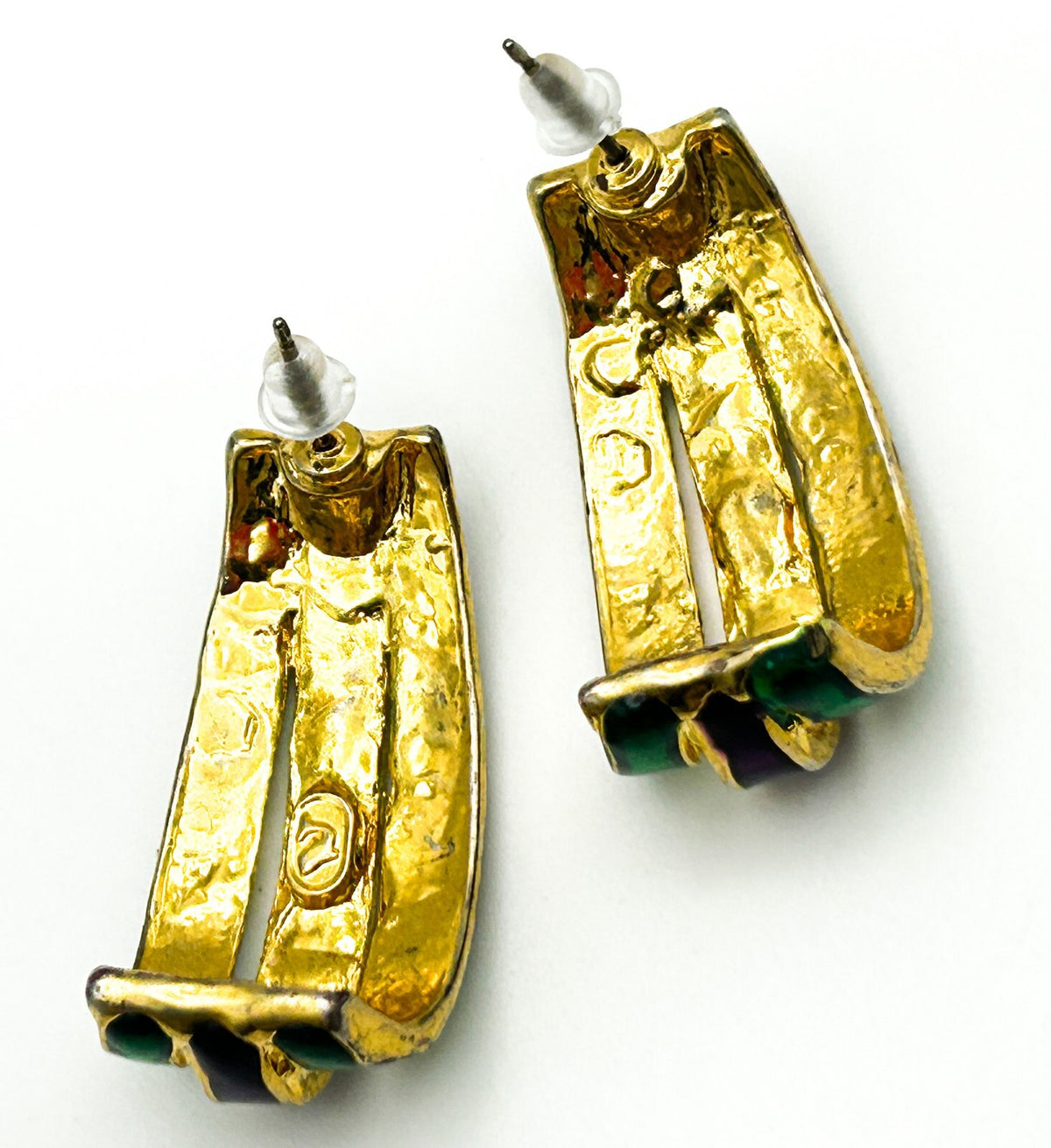 Vintage Dolphin Ore Enamel Earrings Green Purple Gold Tone Curved Statement