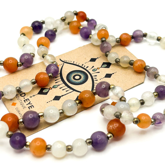 Vintage Carnelian, Amethyst & Quartz Gemstone Bead Necklace – 15” Orange Purple