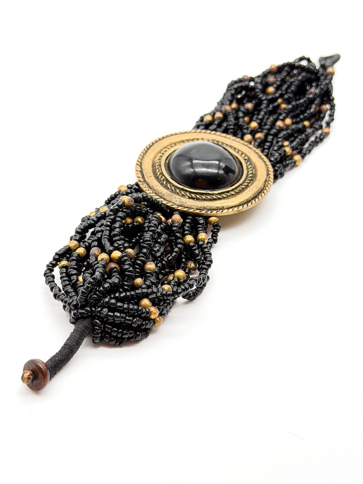 Vintage Chunky Black Seed Bead Bracelet Gold Tone Cabochon Statement Wide Cuff