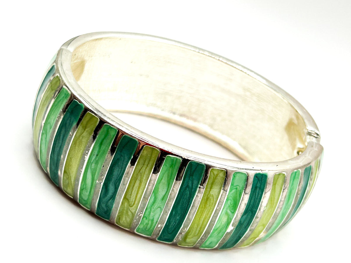 Green Striped Enamel Domed Clamper Bangle Silver Tone Statement Bracelet