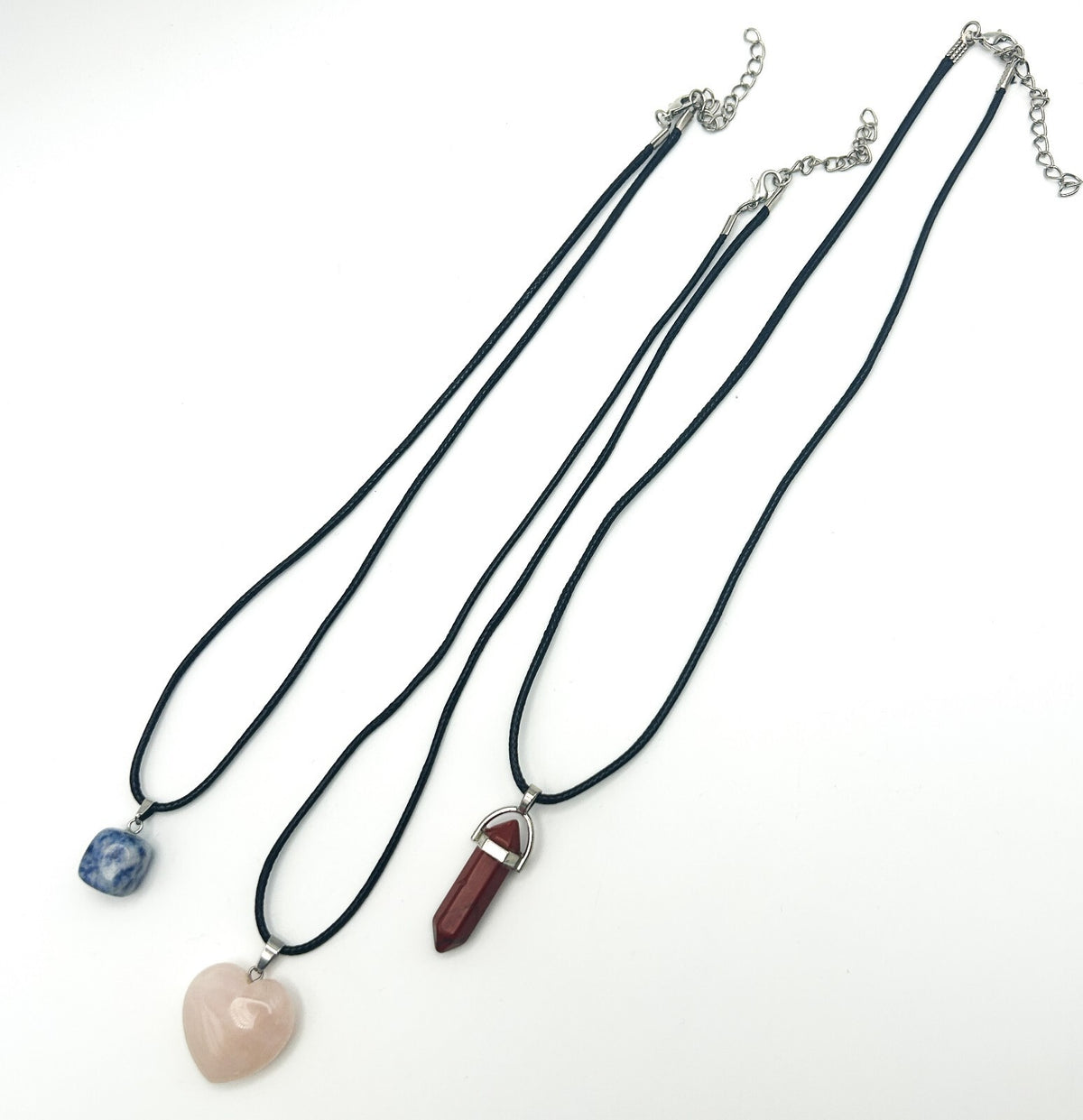 Gemstone Pendant Cord Necklace Bundle – Rose Quartz, Red Jasper Point, Sodalite