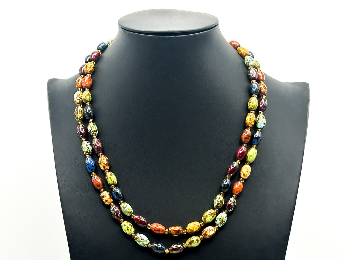 Scottish Agate Style Beaded Necklace Double Strand Mottled Glass Beads 19”